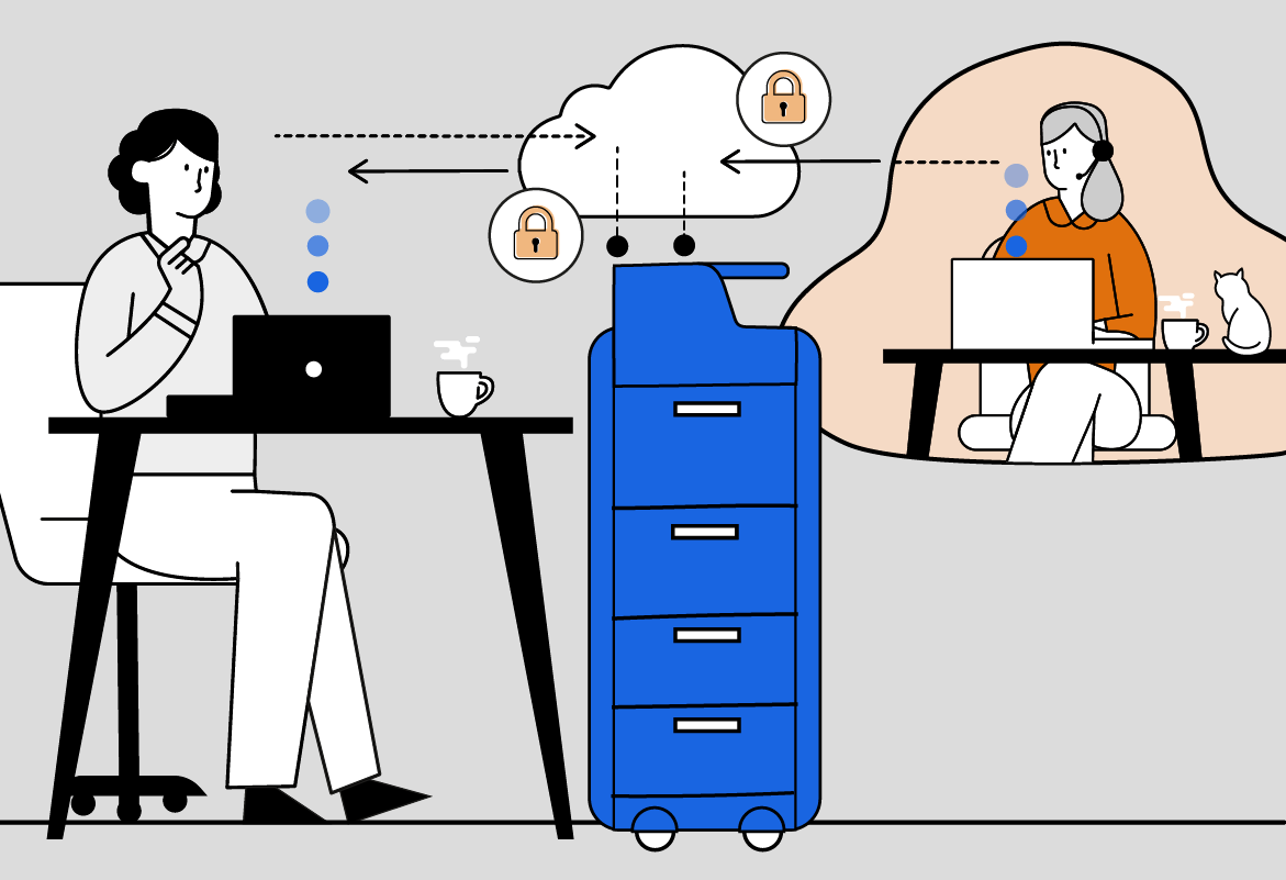 Illustration of a woman in an office environment discussing security issues over the cloud with another woman working at home with her cat