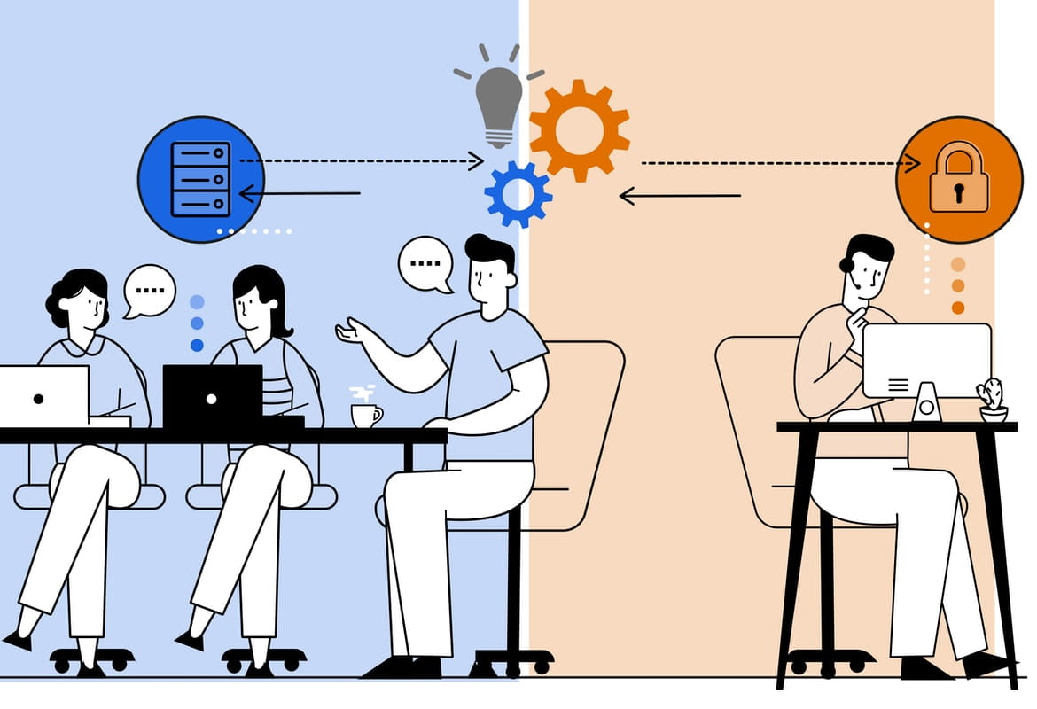 Illustration of three work colleagues having a meeting around a table, exchanging information with a hybrid working expert in an office environment