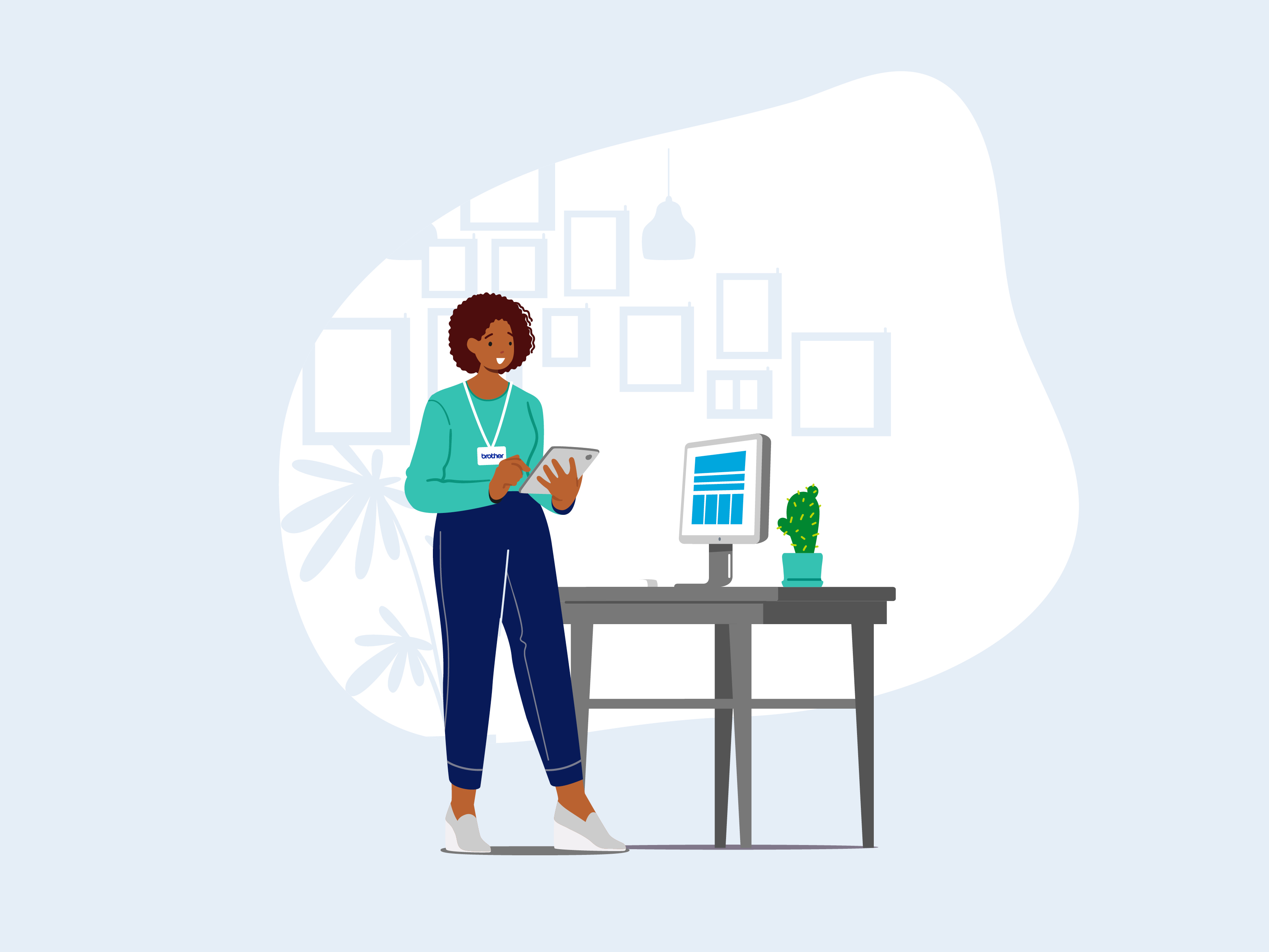 Illustration of business woman holding a tablet stood next to a table with a monitor on it