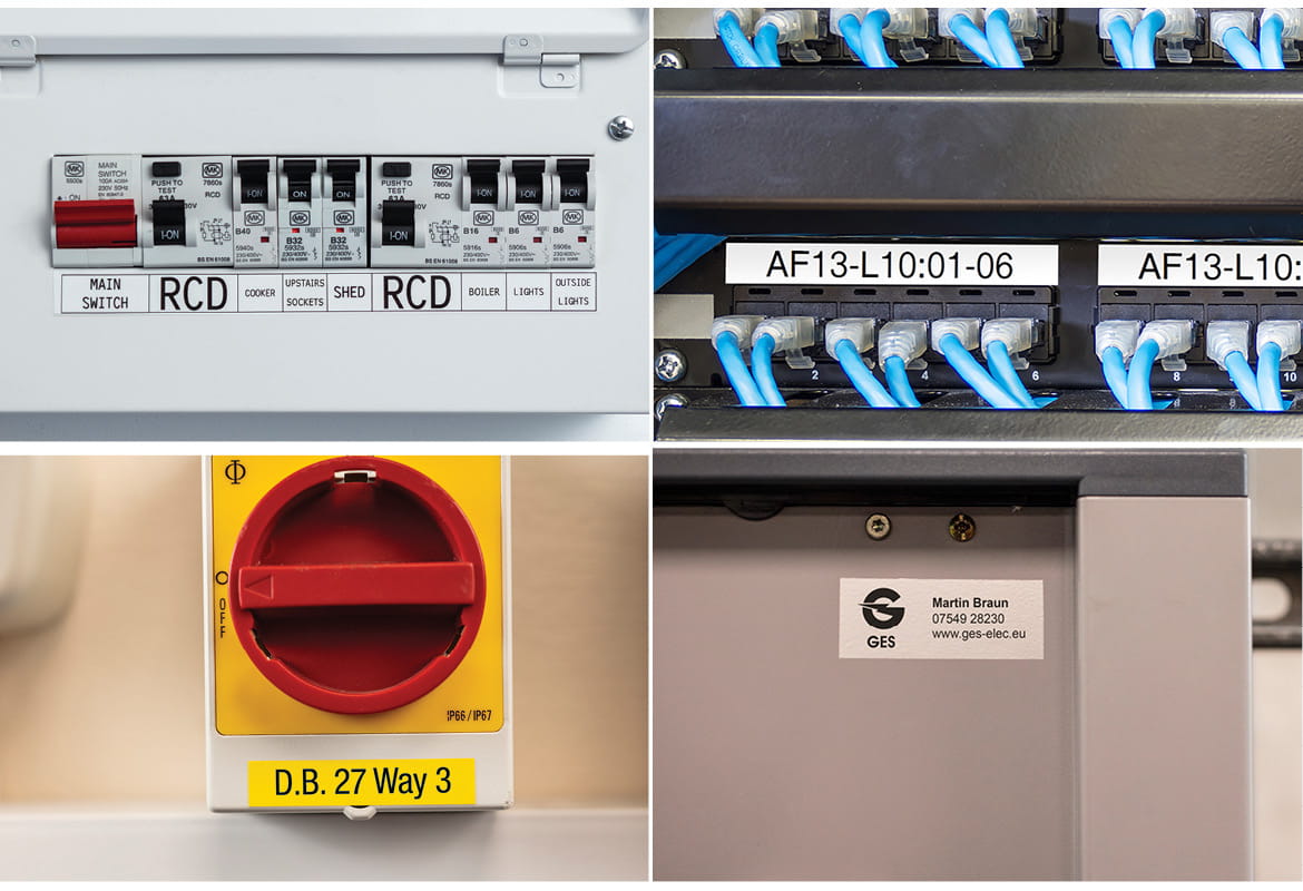 Network ports on a patch panel identified with Brother strong adhesive tape