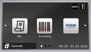 Brother multifunction printer touchscreen displaying icons for bills, accounting and the Brother logo