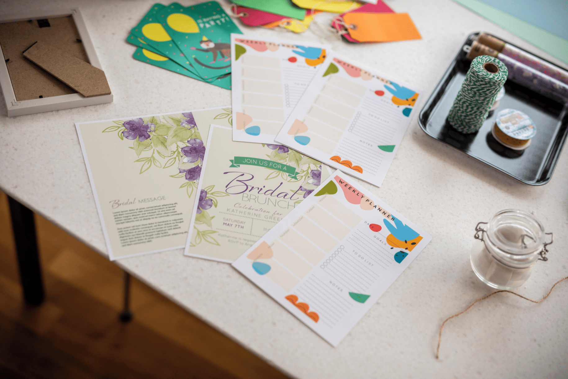 Crafting outputs weekly planner, bridal brunch invite