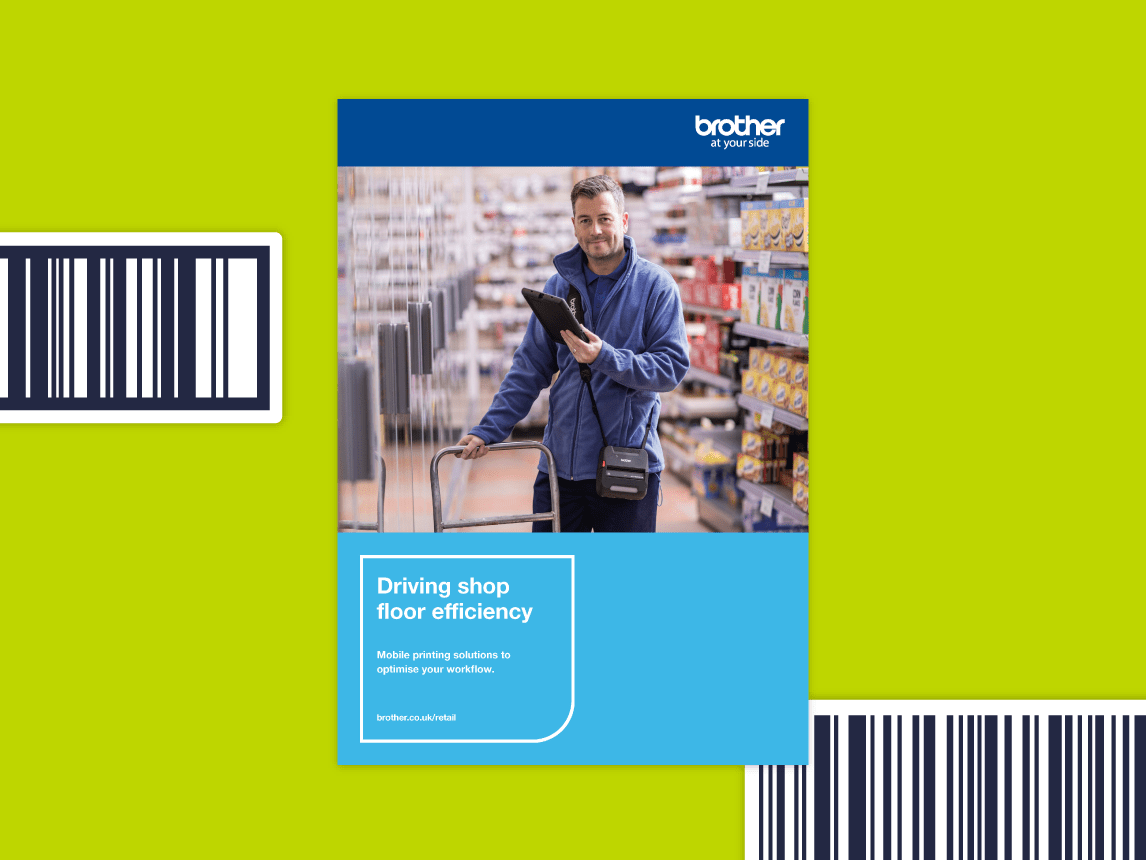 Front cover of the SPS retail solutions guide on a barcode illustrated spring green background