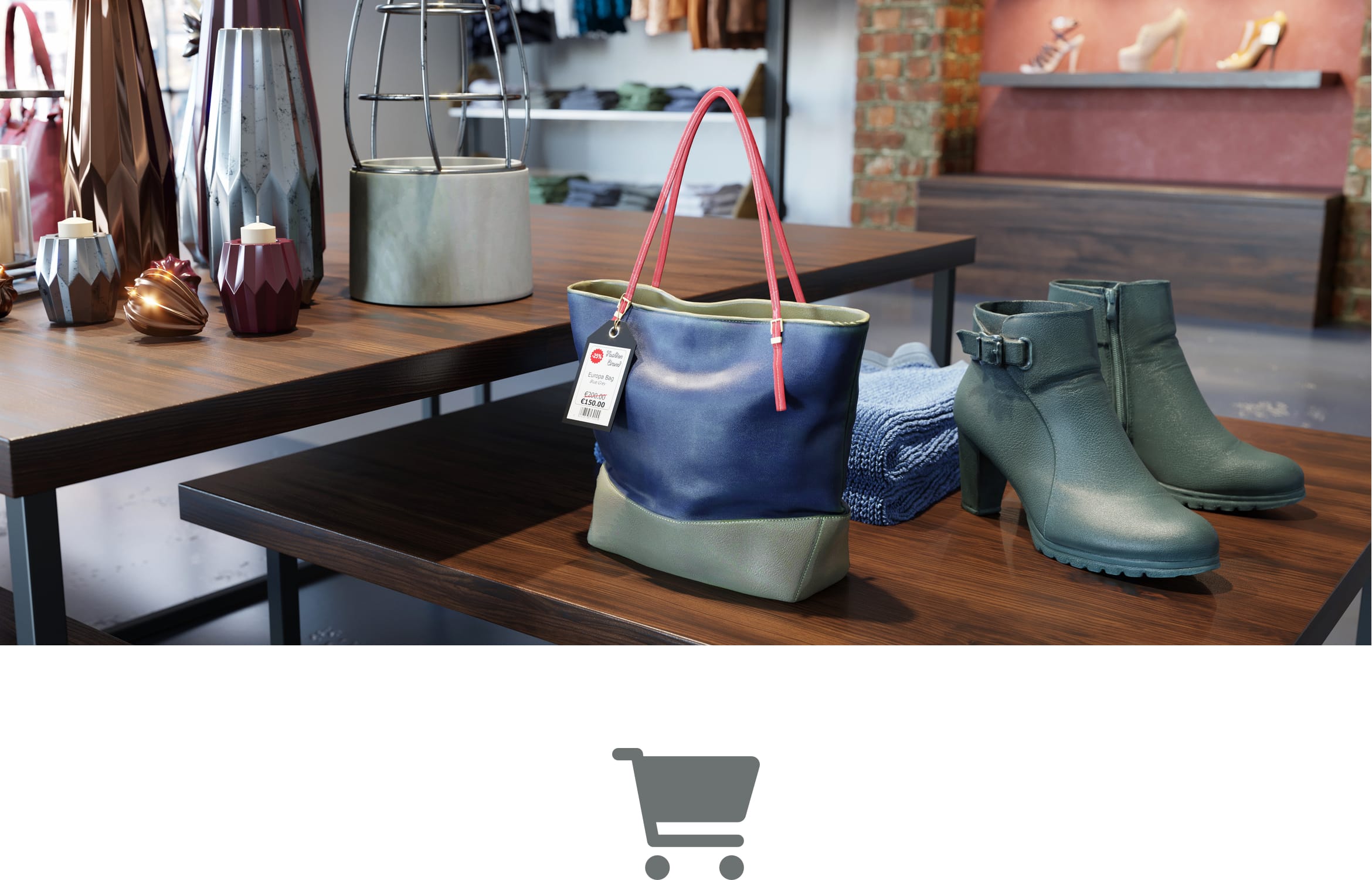 A bag and boots on a low display table in a high street fashion retail store