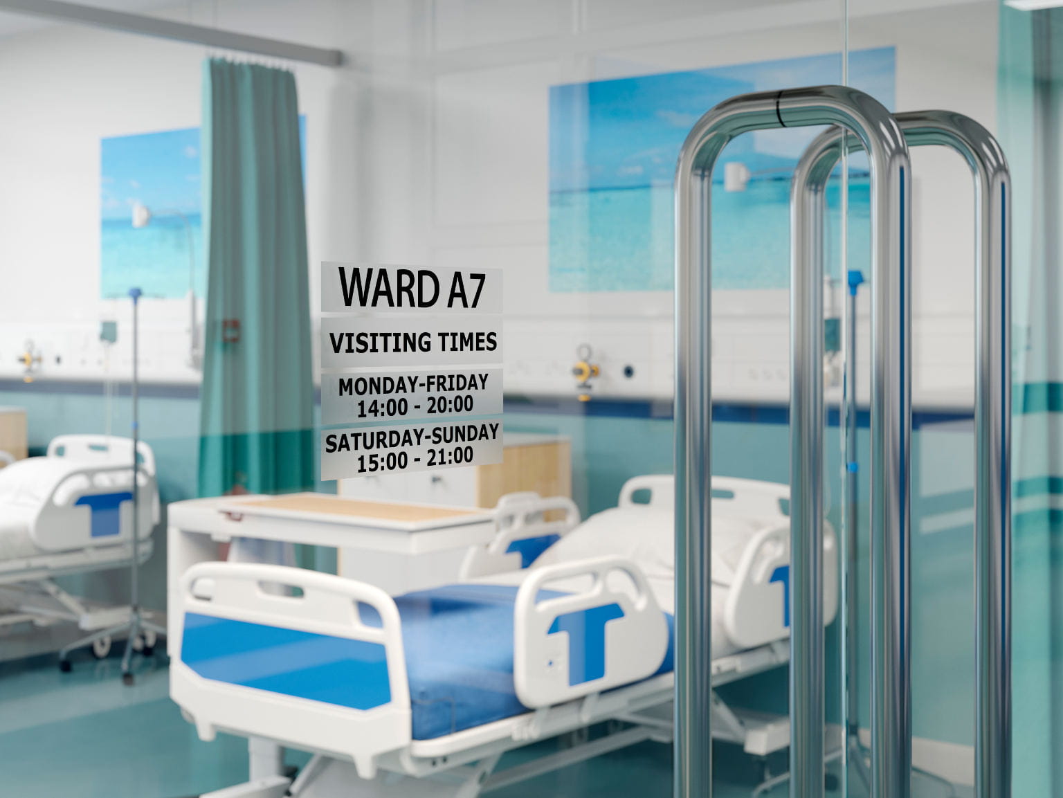 Habitación de hospital con etiqueta Brother en la puerta