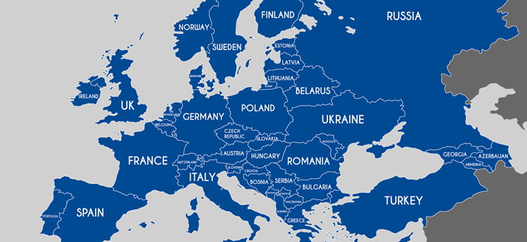 mapa Europy zaznaczonej na niebiesko