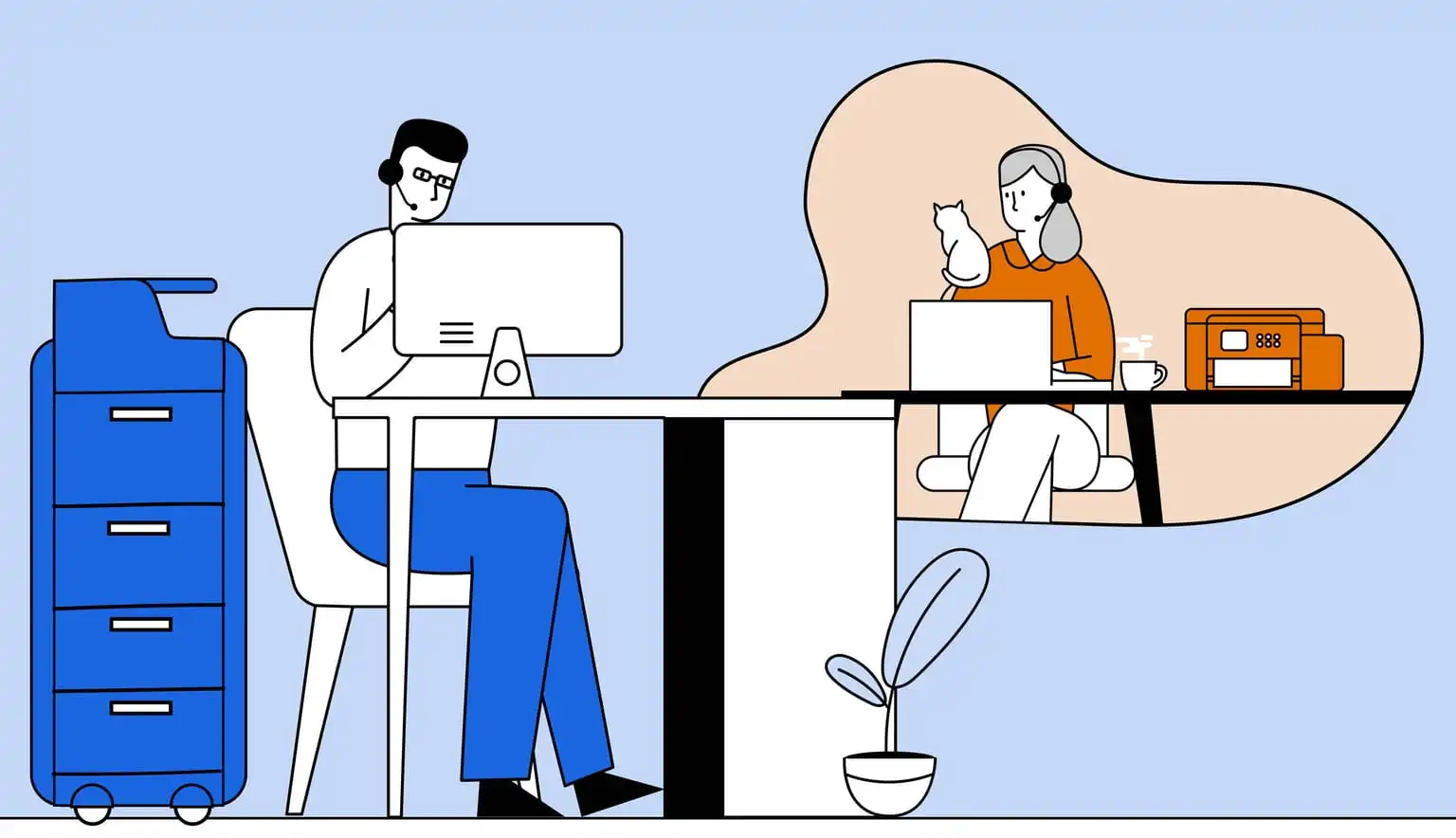 Illustration of a man working next to a large printer in an office environment, working with a woman shown in a bubble, who is working from home with her cat
