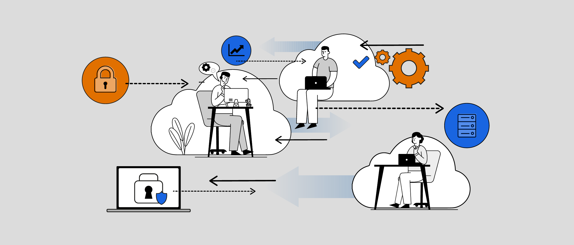 Illustration of 3 workers working seamlessly together through cloud technology