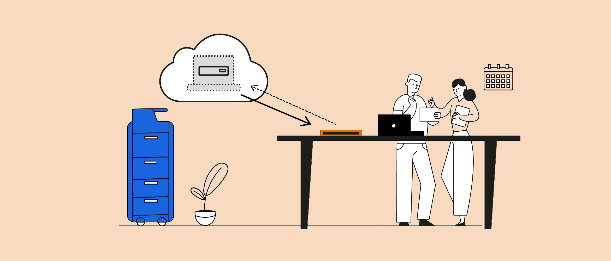Illustration of a man and a woman discussing a virtual desktop whilst standing next to a laptop