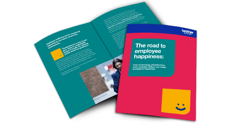 The front guide of The road to employee happiness guide, as well as an open page to display the content