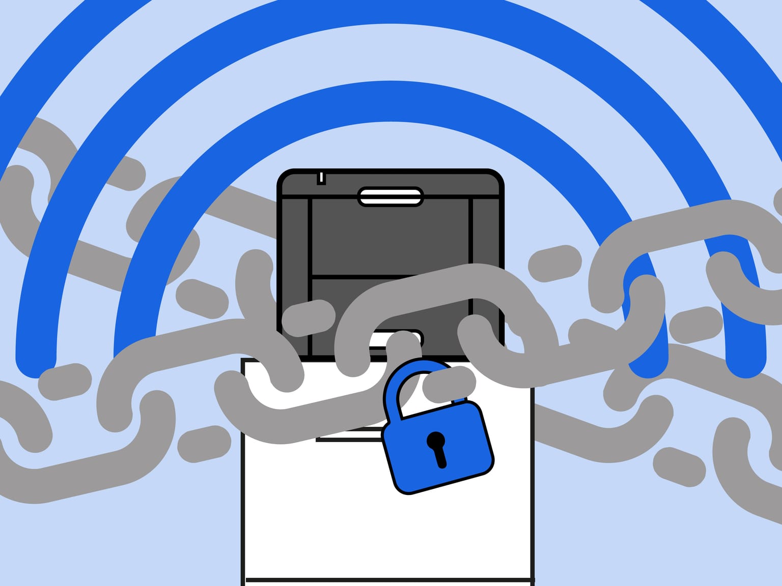 Illustration of a wireless home network printer padlocked and surrounded by chains