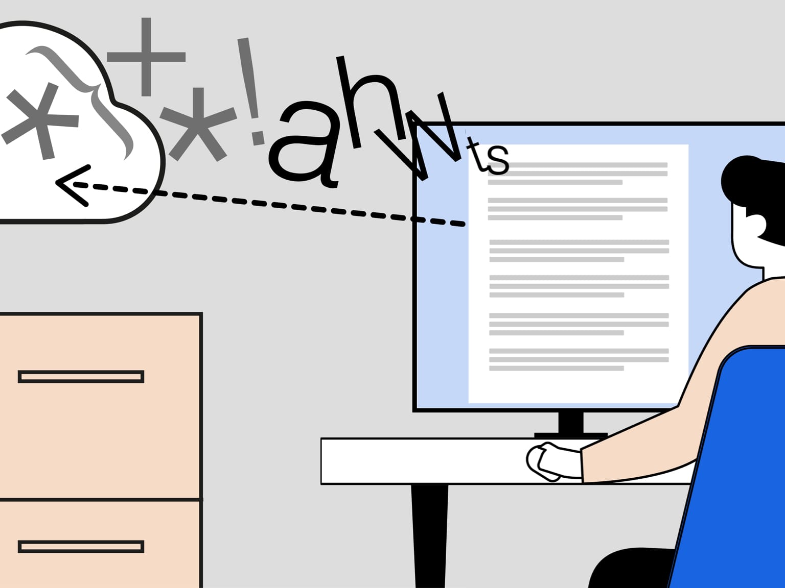 Illustration of a man sat at a desk in front of a computer display with a document being encrypted and sent securely to the cloud