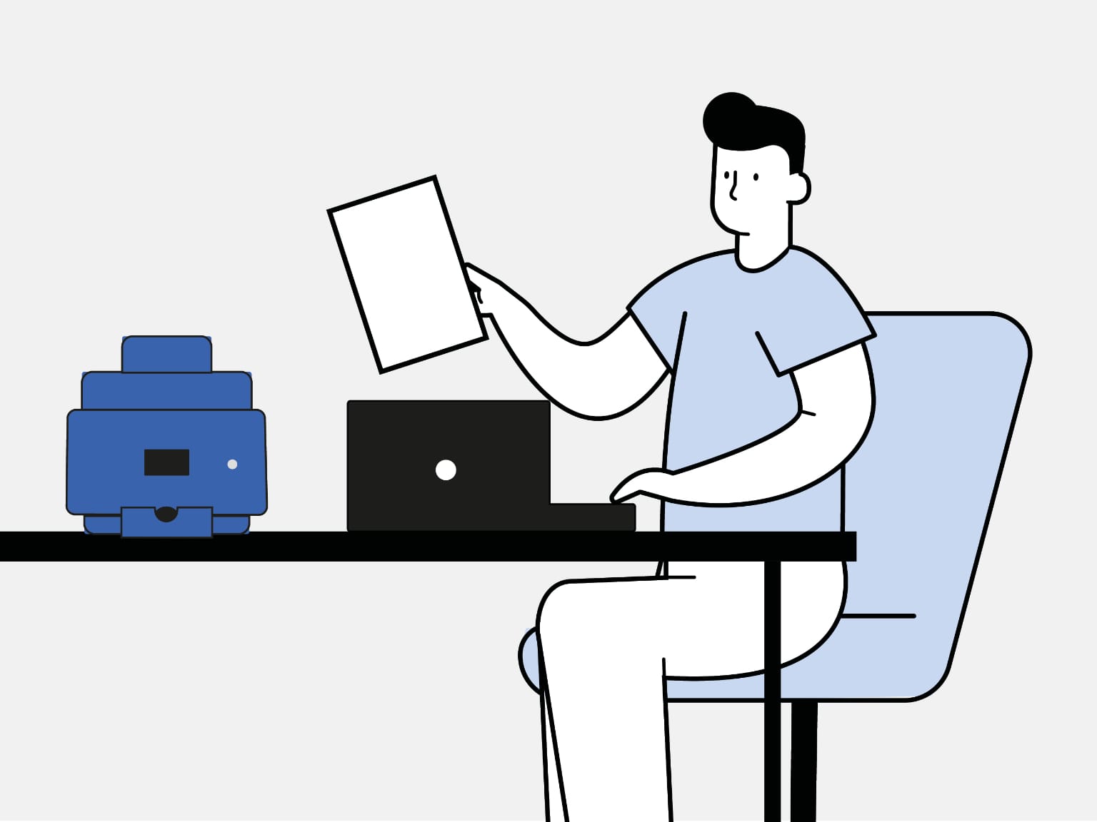 Illustration of a man sat at a table with a notebook computer, holding a document up, ready to scan to a desktop scanner