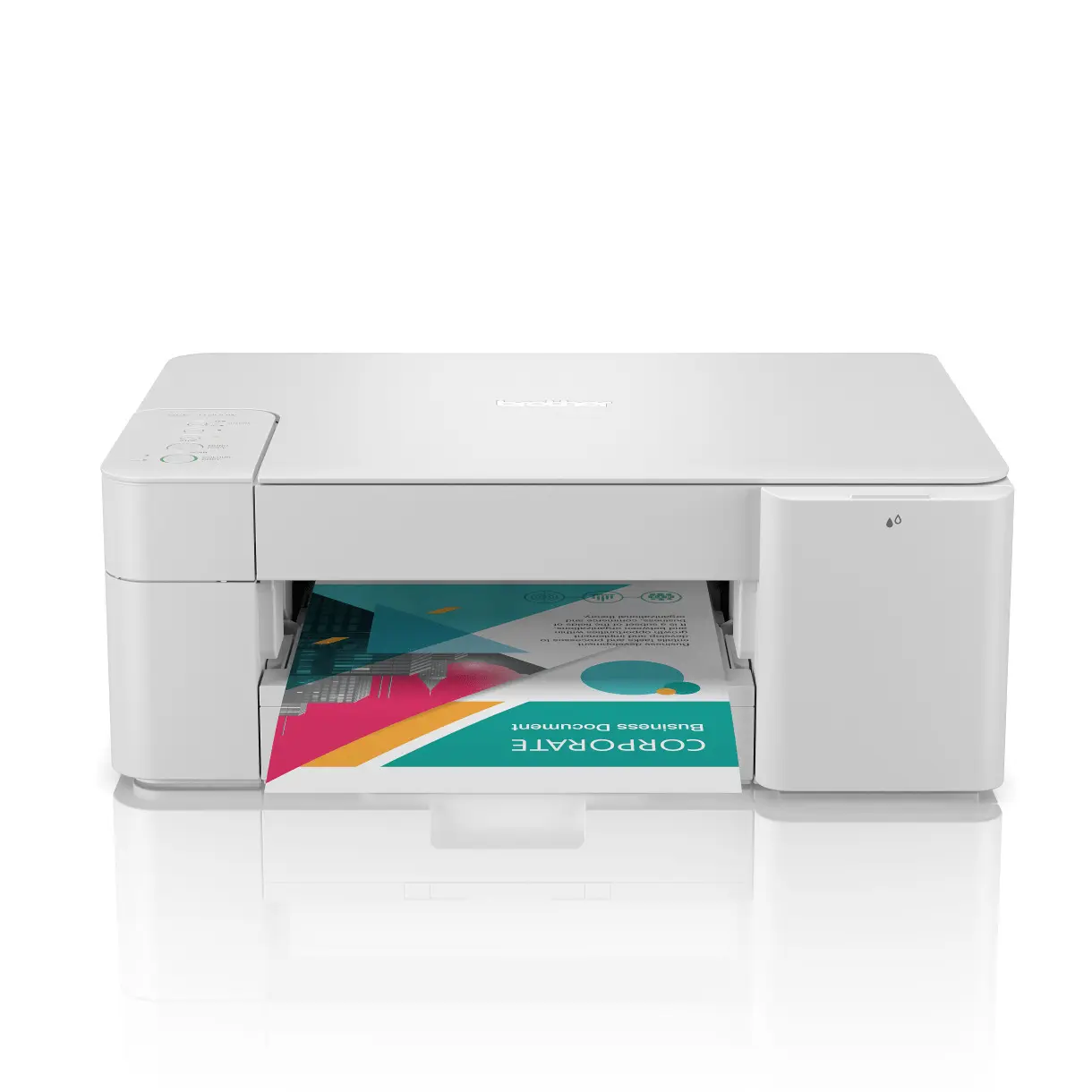 Front detail view of the DCP-J1200W with full colour output on tray. Plain white background.
