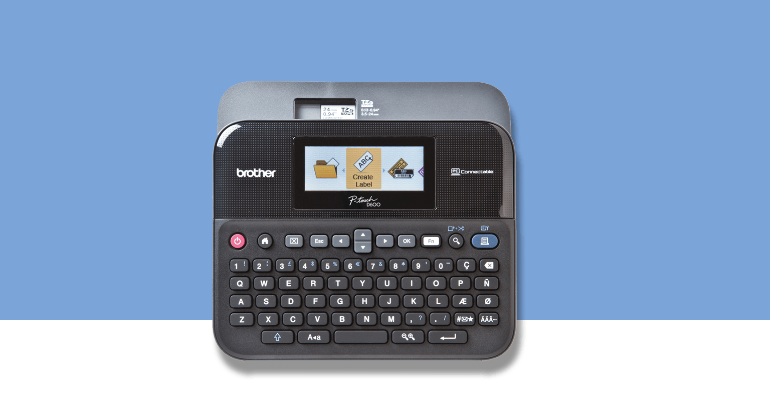Brother P-touch label printer on a light blue background