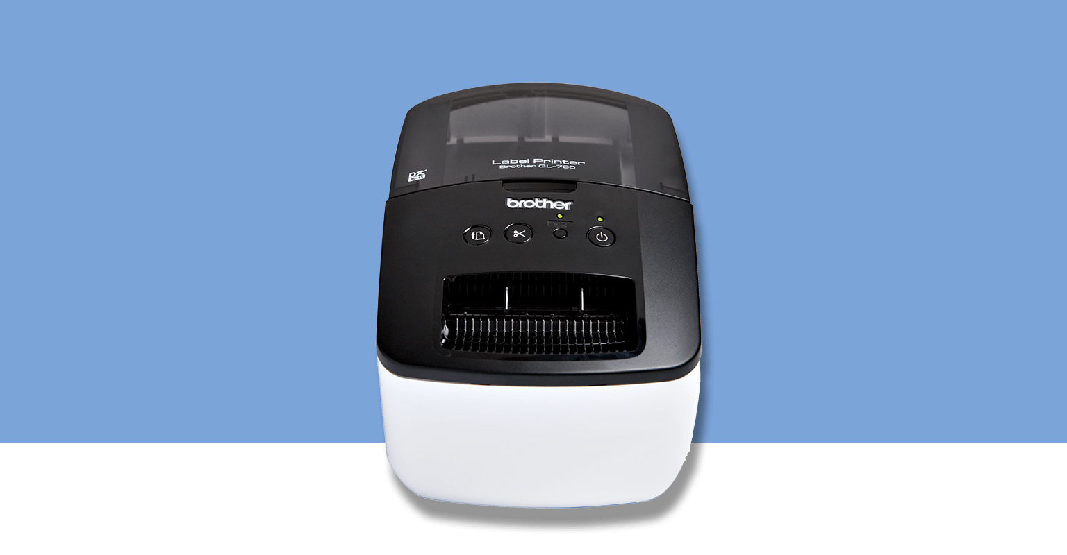 Brother QL label printer on a light blue background