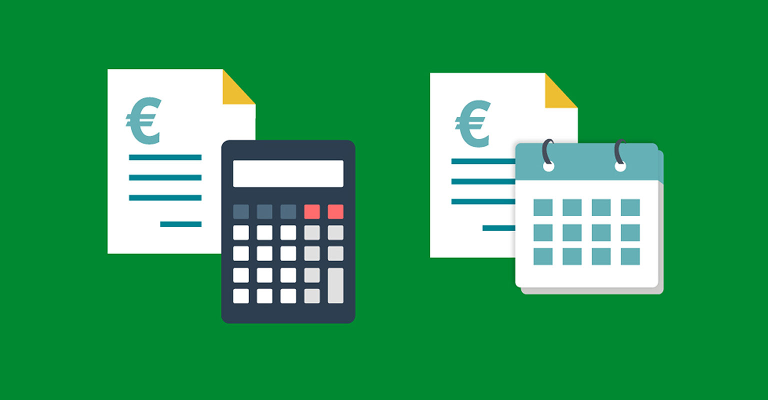 Calculator and calendar with 2 sheets of paper with a pound sign on with green background