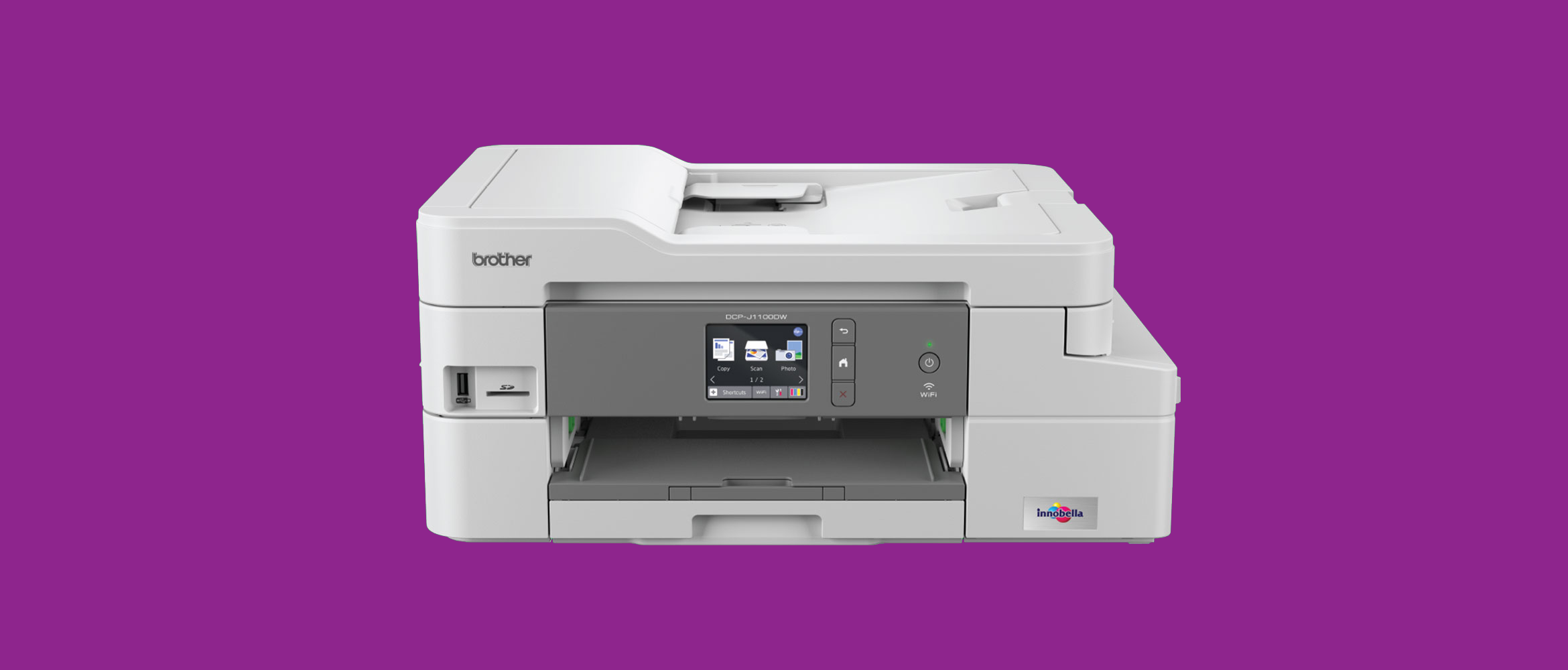 Brother dcp-j1100dw printer on a purple background