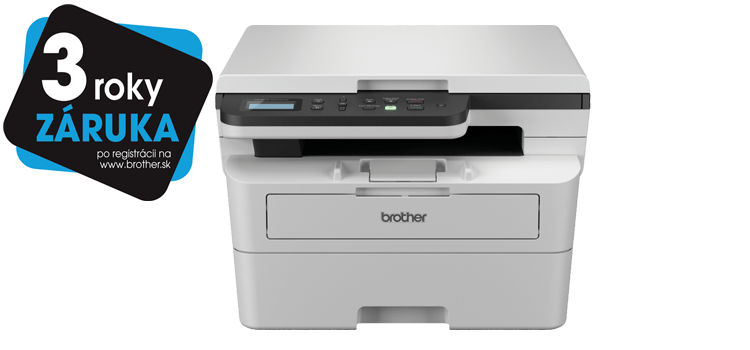 Pohľad spredu na model Brother DCP-B7620DW s nálepkou 3-ročnej záruky
