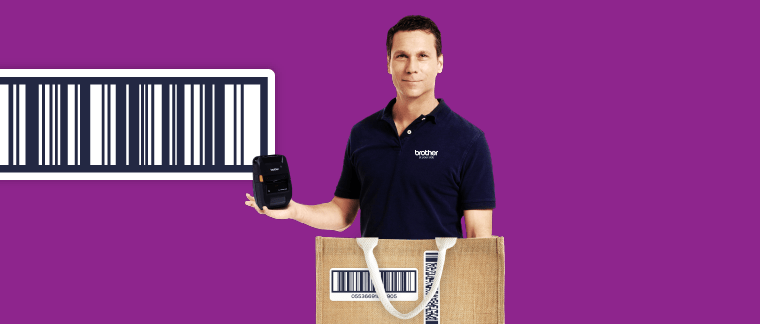 A male retail worker holding a Brother mobile label and receipt printer with a shopping bag in the foreground superimposed on a barcode illustrated purple background
