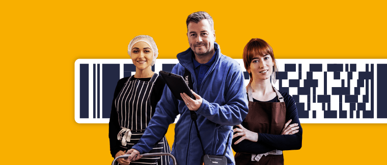 Three workers from different sectors of the retail industry superimposed on a barcode illustrated orange background