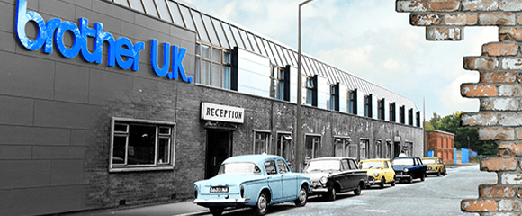 collage of vintage car outside the brother uk offices