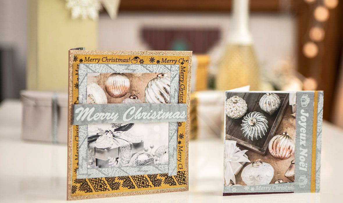 Handgemachte Karte mit Glitzernden Brother P-touch silber-und gold-schriftbändern.