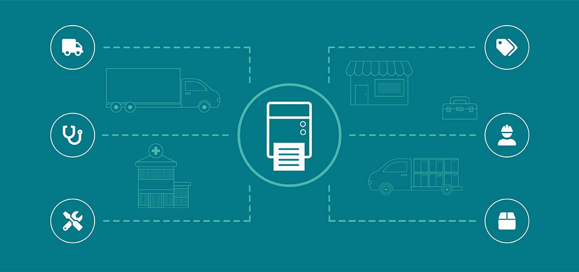 Label printer surrounded by industry illustrations on teal background