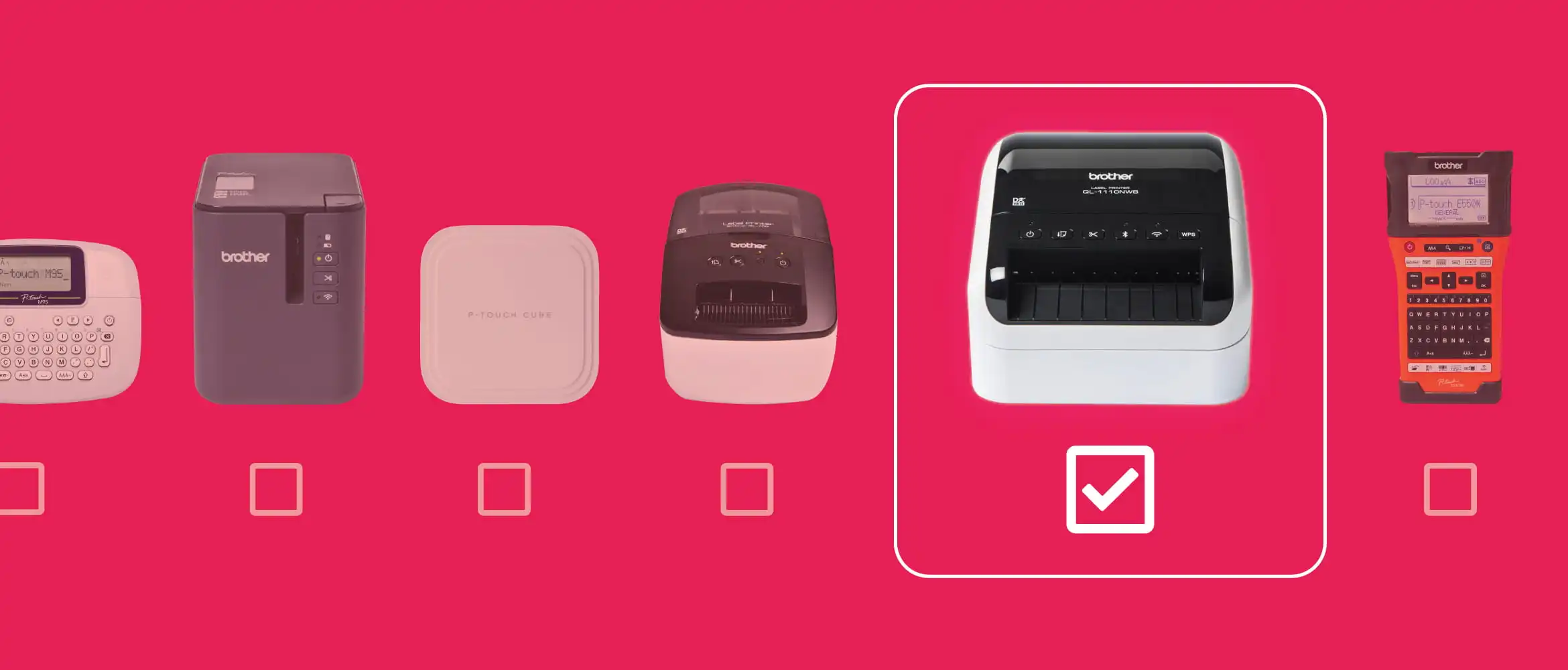 Line up of Brother label printers on a crimson background