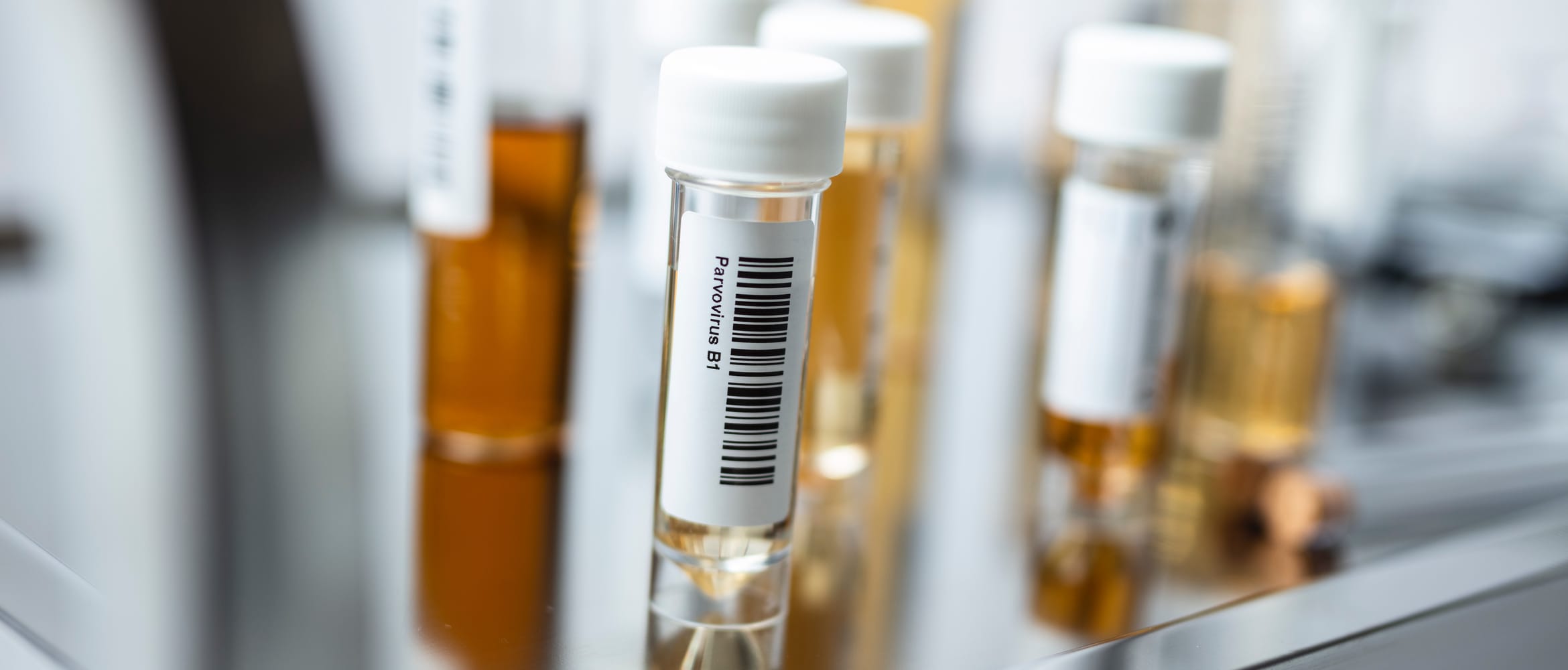 Close-up view of a row of barcode labelled test tubes on a polished metal trolley